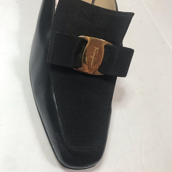 Salvatore Ferragamo Leather Mules Slides Vera Bow Heels Italy Black Gold logo - Picture 5 of 16